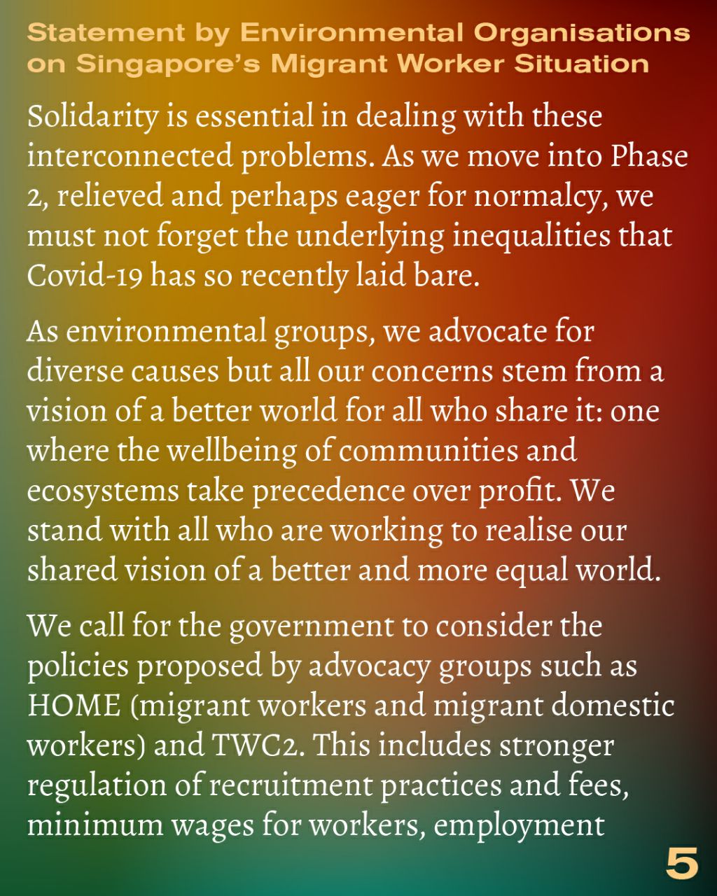 'Statement by Environmental Organisations on Singapore's Migrant Worker Situation' page 5
